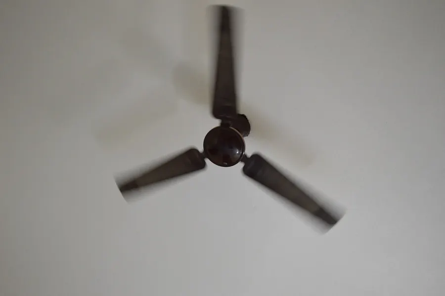 Three-blade ceiling fan turning against a white ceiling, its blades blurred by the motion
