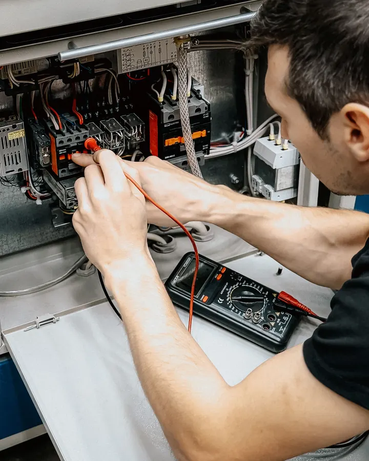 Electrician holding red multimeter probes against terminals inside an open electrical panel