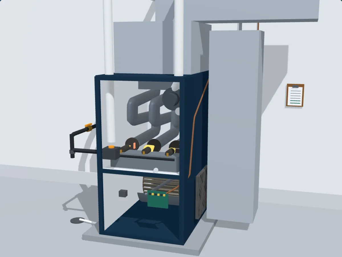 Cutaway of a gas furnace in a basement with the front panels removed, showing the burners and heat exchanger above the blower and filter, the vent leaving the top, and the gas line and thermostat wire entering the cabinet