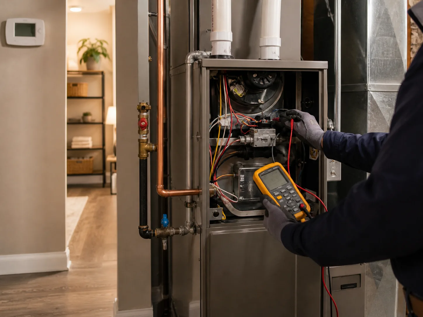 HVAC technician checking a residential heating system