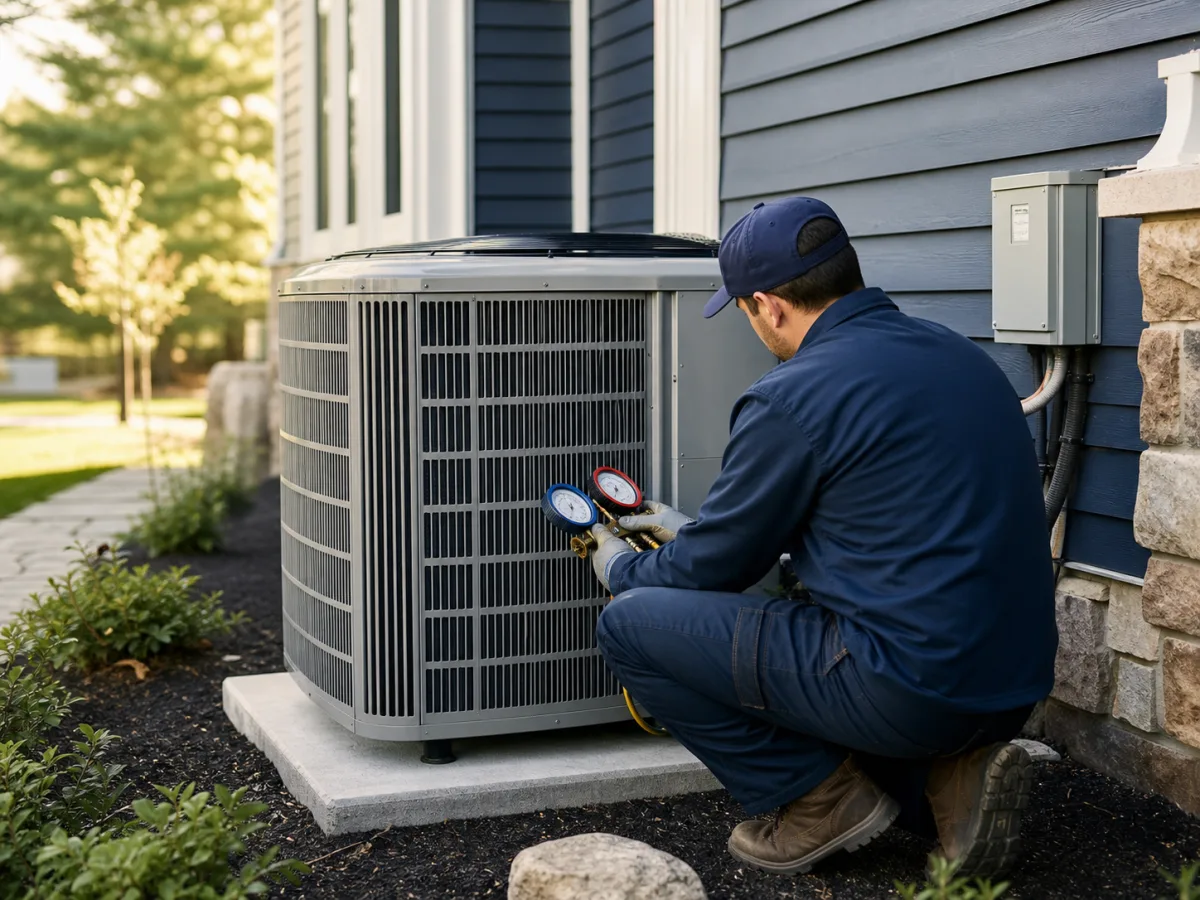 HVAC technician diagnosing a residential outdoor air conditioning unit
