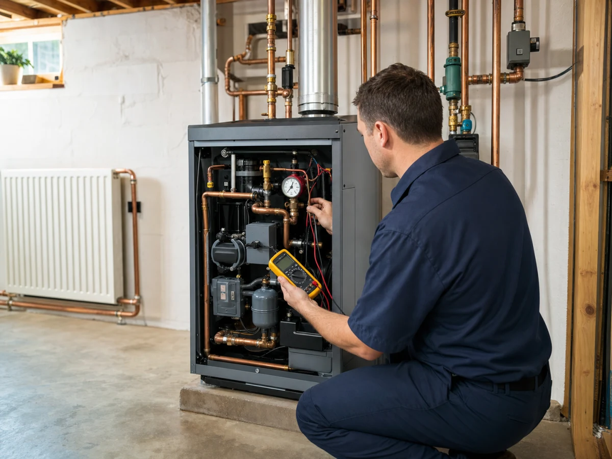 HVAC technician testing a residential hot-water boiler with hydronic piping and a radiator
