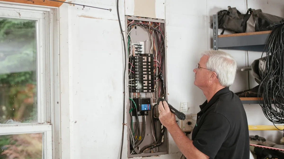 Electrician with a flashlight checking an open breaker panel on a garage wall in a house